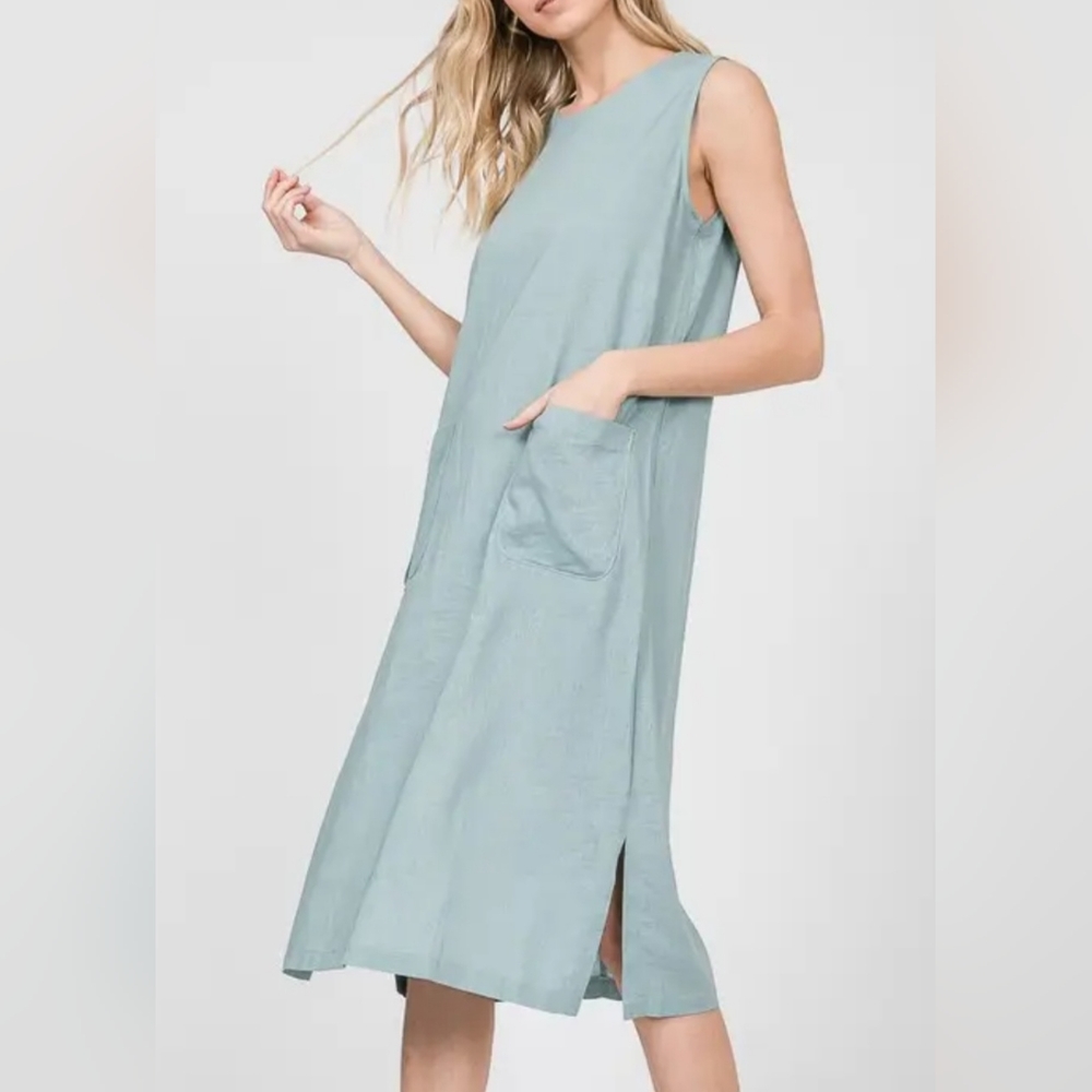 #35 🛑S,M,L  Linen Blend Front Pockets Sleeveless Midi